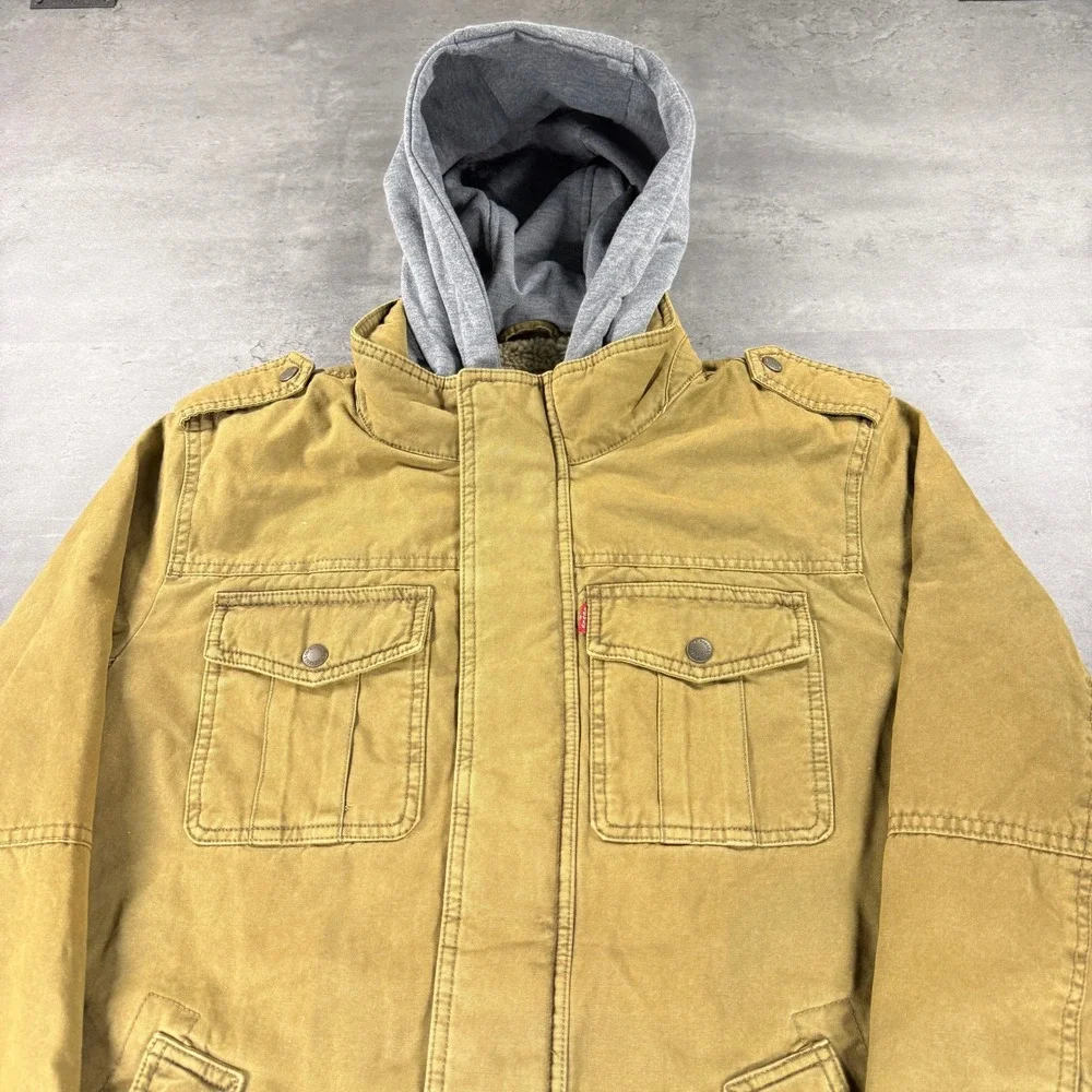 Levis Military Jacket Medn Medium Khaki Brown Hoodie Sherpa Fleece Lined FullZip